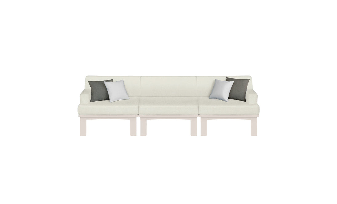 The Ledge Lounger Mainstay Sectional 3 Piece Sofa features a cream tone, minimalist style, and sleek light wood legs. With dark/light gray accent pillows on each end, its perfect for enhancing your outdoor space.