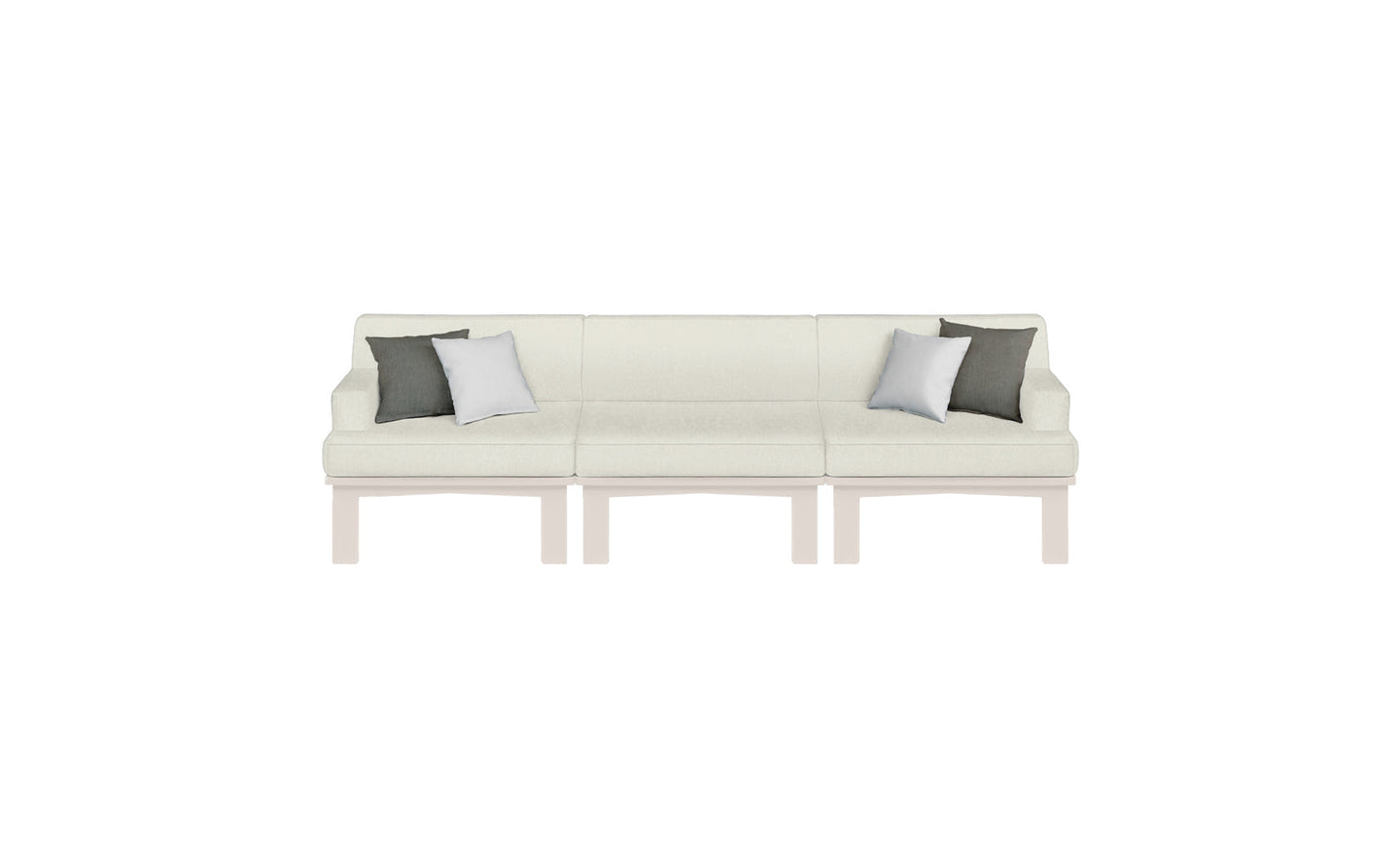 The Ledge Lounger Mainstay Sectional 3 Piece Sofa features a cream tone, minimalist style, and sleek light wood legs. With dark/light gray accent pillows on each end, its perfect for enhancing your outdoor space.