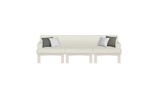 The Ledge Lounger Mainstay Sectional 3 Piece Sofa features a cream tone, minimalist style, and sleek light wood legs. With dark/light gray accent pillows on each end, its perfect for enhancing your outdoor space.