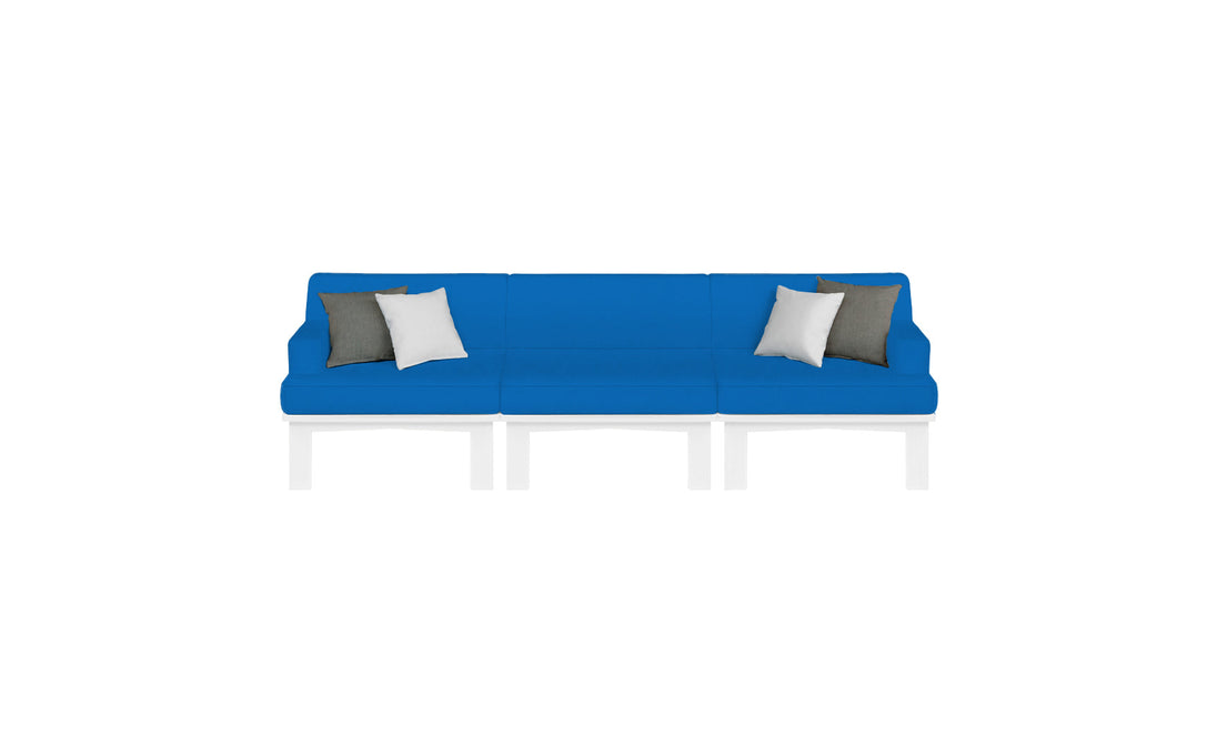 The Ledge Lounger Mainstay Sectional 3 Piece Sofa features a blue, three-section design with white legs and includes two white and two gray cushions per side. Its vibrant color stands out against a plain white background, making it the perfect addition to your outdoor space.