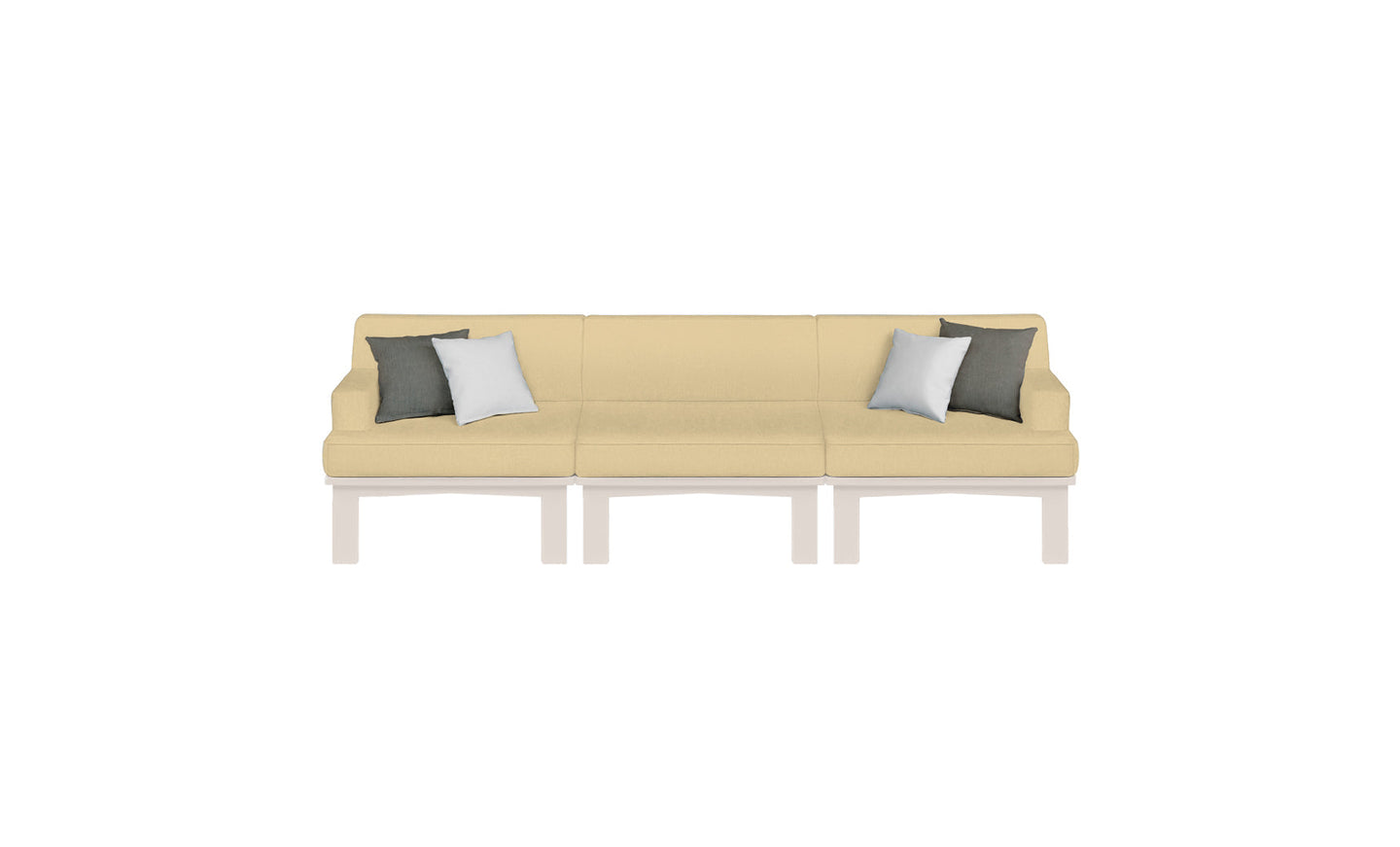 The Mainstay Sectional 3 Piece Sofa by Ledge Lounger is cream-colored with three seats on a white base. It features two dark green and two light gray pillows, making it perfect for enhancing outdoor spaces with its elegant simplicity against any white background.