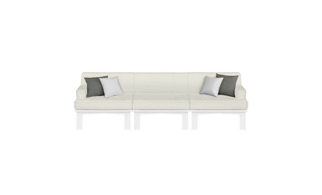 The Mainstay Sectional 3 Piece Sofa by Ledge Lounger features a modern white design with three seats and minimalist style, accented by two gray and two white throw pillows, all set against a plain white background to highlight its sleek, contemporary appearance.