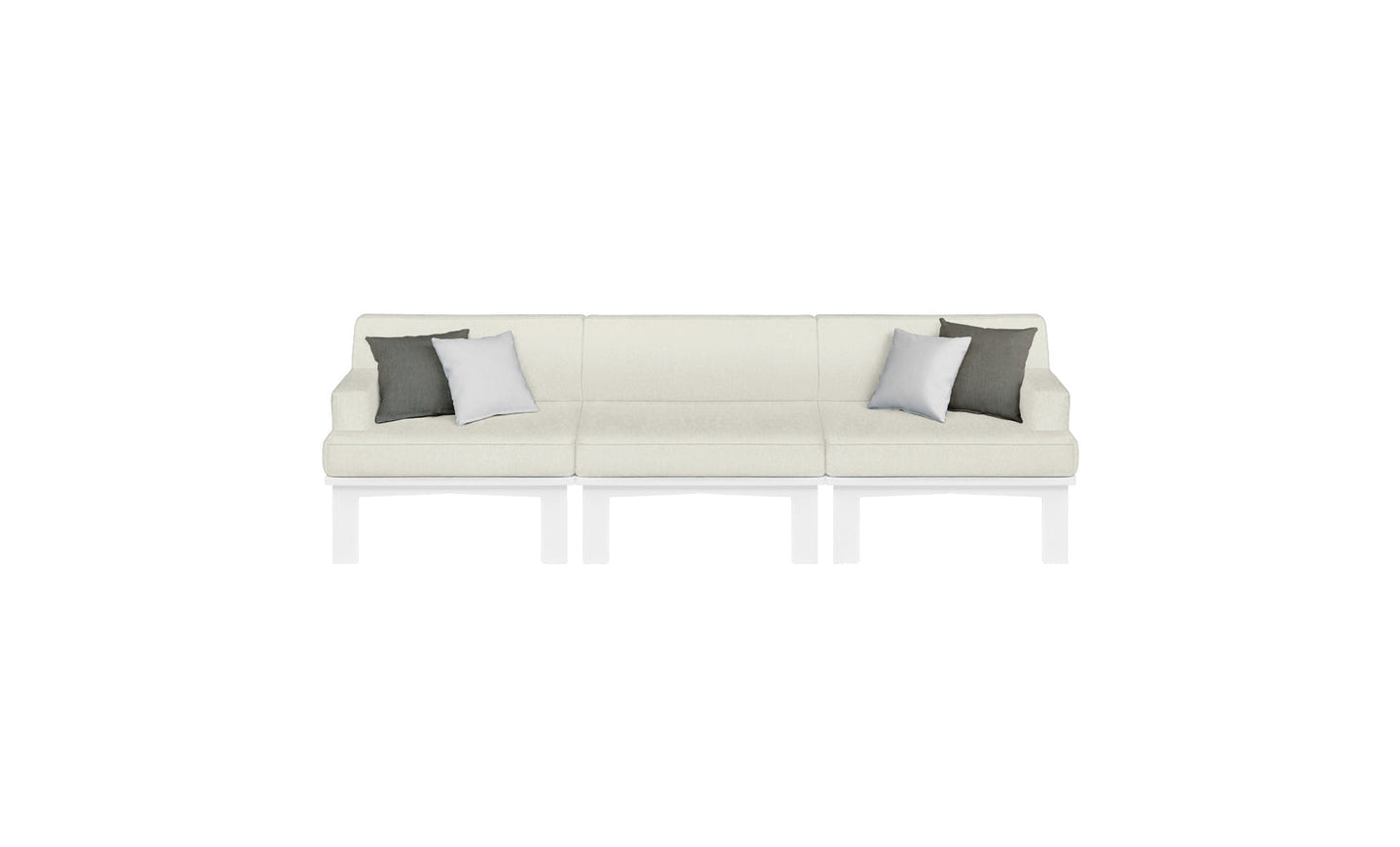 The Mainstay Sectional 3 Piece Sofa by Ledge Lounger features a modern white design with three seats and minimalist style, accented by two gray and two white throw pillows, all set against a plain white background to highlight its sleek, contemporary appearance.