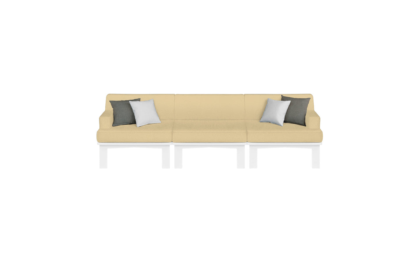 The Mainstay Sectional 3 Piece Sofa by Ledge Lounger is a modern beige three-seater with white metal legs. It includes four throw pillows—two dark gray and two white—symmetrically arranged, completing an elegant look against a plain white backdrop.