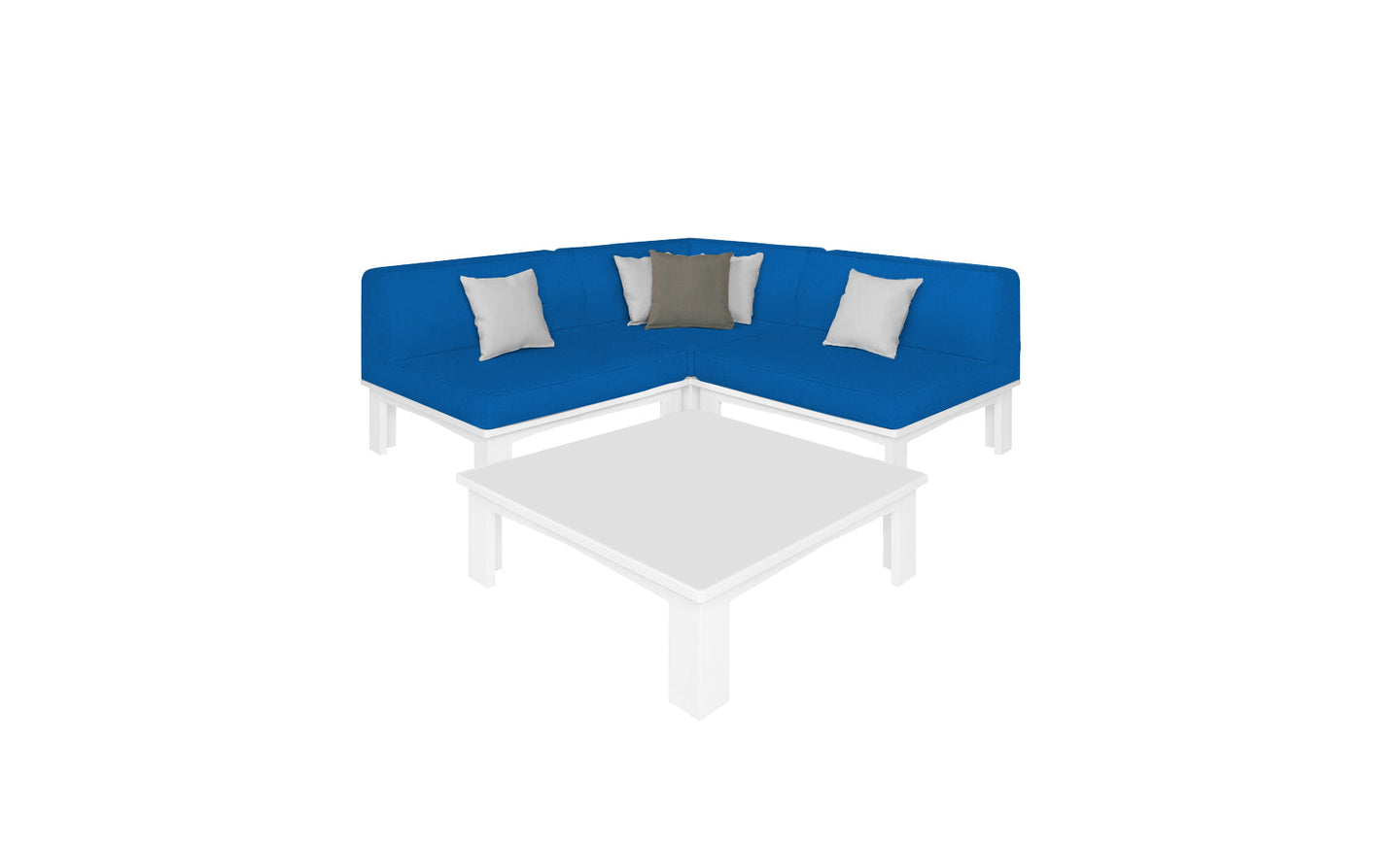 The Mainstay Sectional 4 Piece Diamond by Ledge Lounger, a blue L-shaped couch with three white and one gray square cushions, creates a cozy corner on a white background. A white coffee table is placed comfortably in front of the sectional.