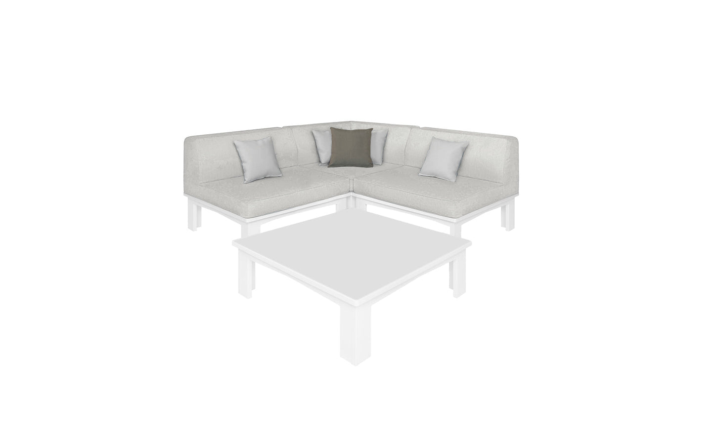 The Mainstay Sectional 4 Piece Diamond by Ledge Lounger is a light gray L-shaped sofa with one dark gray and two light gray cushions, creating a cozy corner around a matching square coffee table on a white background.