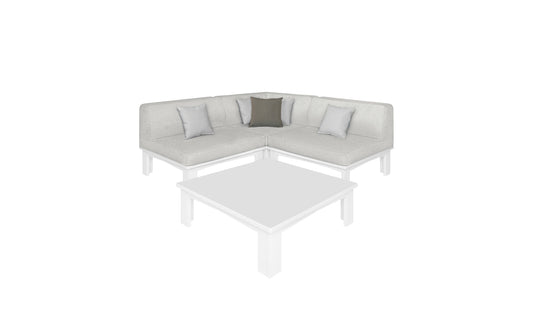 The Mainstay Sectional 4 Piece Diamond by Ledge Lounger is a light gray L-shaped sofa with one dark gray and two light gray cushions, creating a cozy corner around a matching square coffee table on a white background.