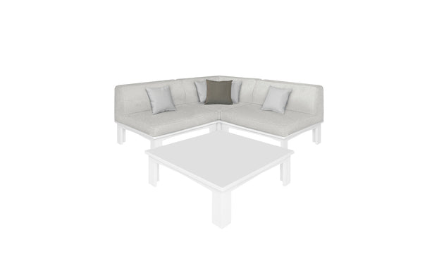 The Mainstay Sectional 4 Piece Diamond by Ledge Lounger is a light gray L-shaped sofa with one dark gray and two light gray cushions, creating a cozy corner around a matching square coffee table on a white background.