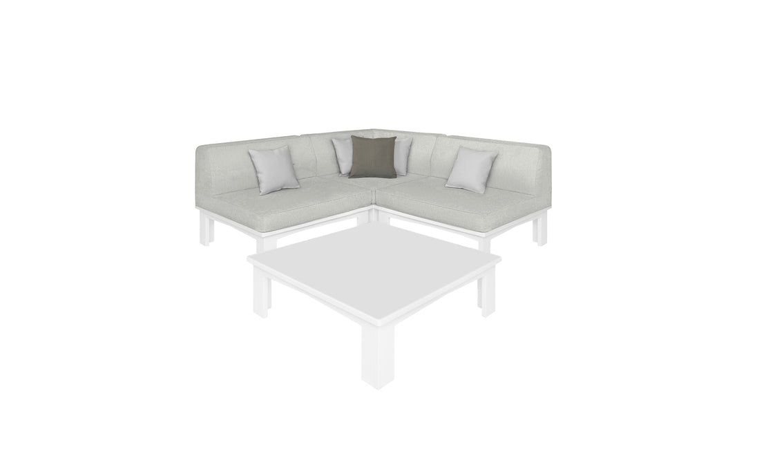 The Mainstay Sectional 4 Piece Diamond by Ledge Lounger is a light gray modular sectional with a minimalist design. It features three cushions—two light gray and one dark gray—and pairs perfectly with a square coffee table, creating an inviting space against a clean white background.
