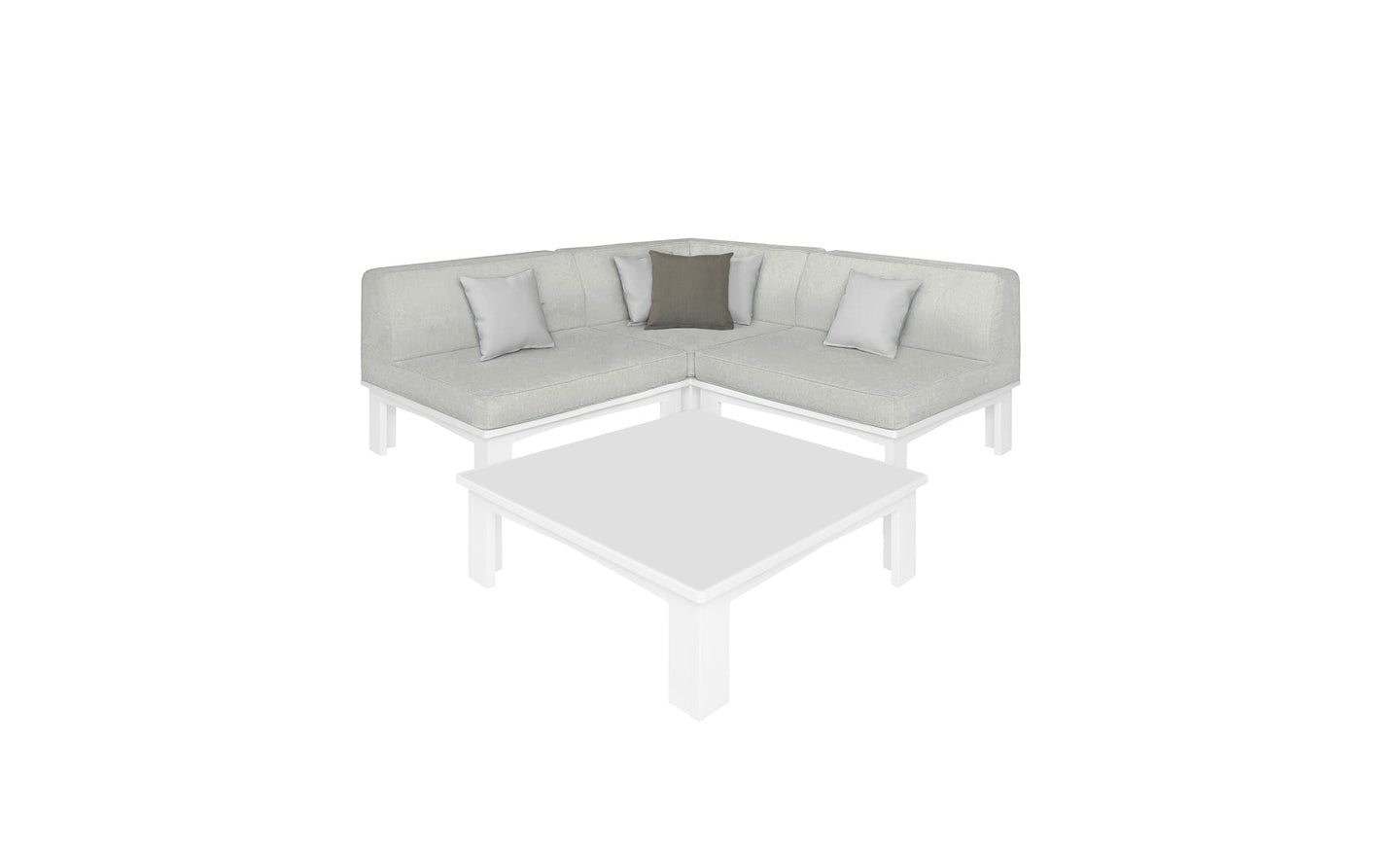 The Mainstay Sectional 4 Piece Diamond by Ledge Lounger is a light gray modular sectional with a minimalist design. It features three cushions—two light gray and one dark gray—and pairs perfectly with a square coffee table, creating an inviting space against a clean white background.