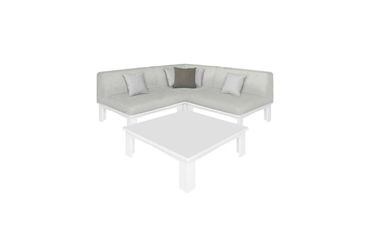 The Mainstay Sectional 4 Piece Diamond by Ledge Lounger is a light gray modular sectional with a minimalist design. It features three cushions—two light gray and one dark gray—and pairs perfectly with a square coffee table, creating an inviting space against a clean white background.