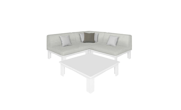 The Mainstay Sectional 4 Piece Diamond by Ledge Lounger is a light gray modular sectional with a minimalist design. It features three cushions—two light gray and one dark gray—and pairs perfectly with a square coffee table, creating an inviting space against a clean white background.