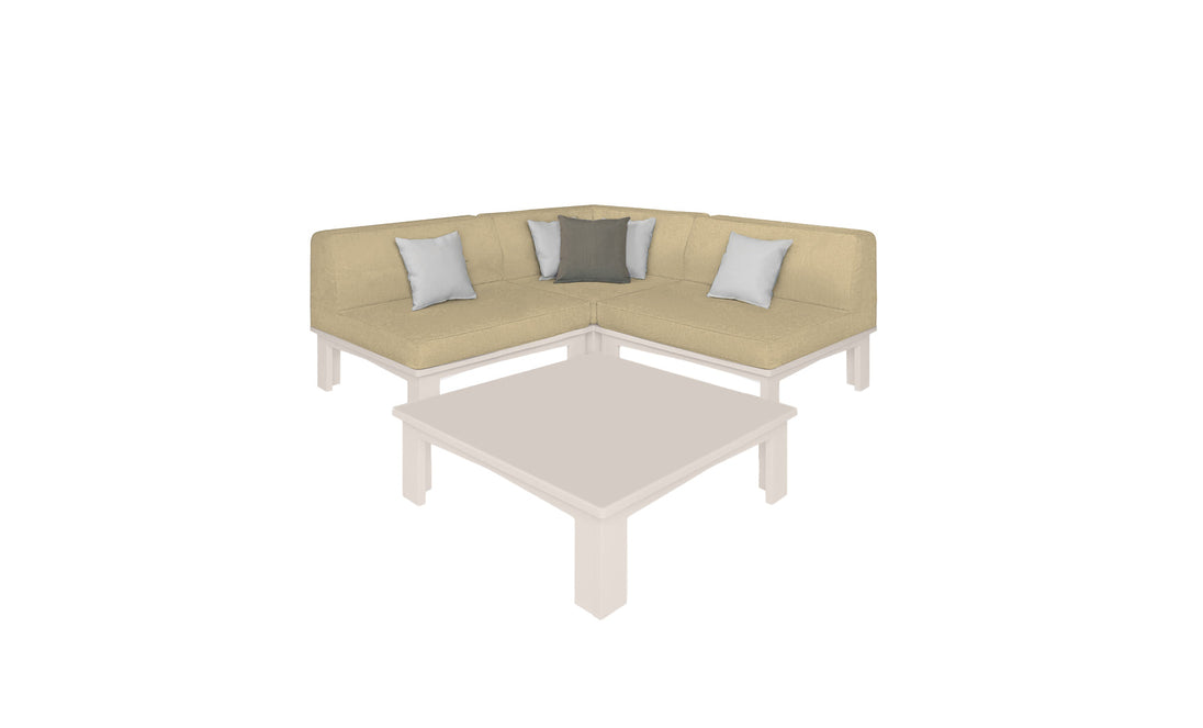 The Mainstay Sectional 4 Piece Diamond by Ledge Lounger forms an inviting L-shaped corner with five square pillows—three light gray and two dark gray. It encircles a beige square coffee table, all set against a simple white backdrop.