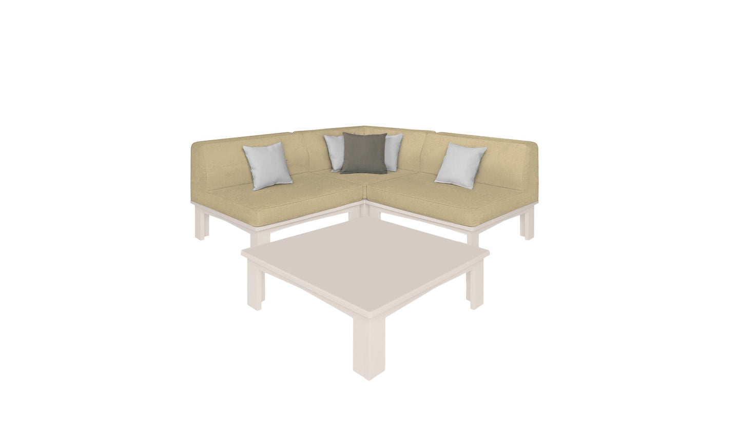 The Mainstay Sectional 4 Piece Diamond by Ledge Lounger forms an inviting L-shaped corner with five square pillows—three light gray and two dark gray. It encircles a beige square coffee table, all set against a simple white backdrop.