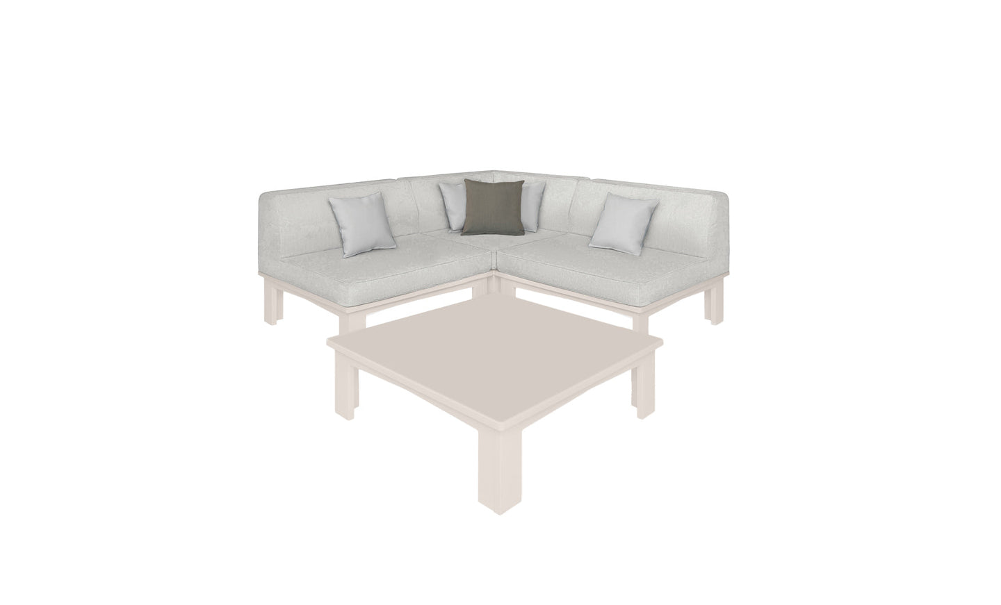 The Mainstay Sectional 4 Piece Diamond from Ledge Lounger features a minimalist white L-shaped design with two white and one dark green cushion, creating a cozy corner around a square beige coffee table. This outdoor furniture boasts clean lines and modern style, ideal for stylish gatherings.