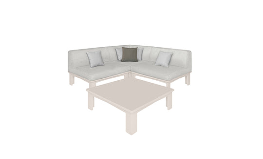 The Mainstay Sectional 4 Piece Diamond from Ledge Lounger features a minimalist white L-shaped design with two white and one dark green cushion, creating a cozy corner around a square beige coffee table. This outdoor furniture boasts clean lines and modern style, ideal for stylish gatherings.