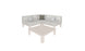 The Mainstay Sectional 4 Piece Diamond from Ledge Lounger features a minimalist white L-shaped design with two white and one dark green cushion, creating a cozy corner around a square beige coffee table. This outdoor furniture boasts clean lines and modern style, ideal for stylish gatherings.