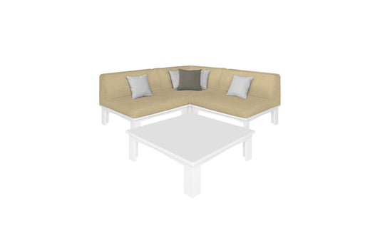 Create a cozy corner with the Ledge Lounger Mainstay Sectional 4 Piece Diamond in beige. This L-shaped sofa features gray and white cushions arranged invitingly. Complement the setup with a square white table on a pristine white background.