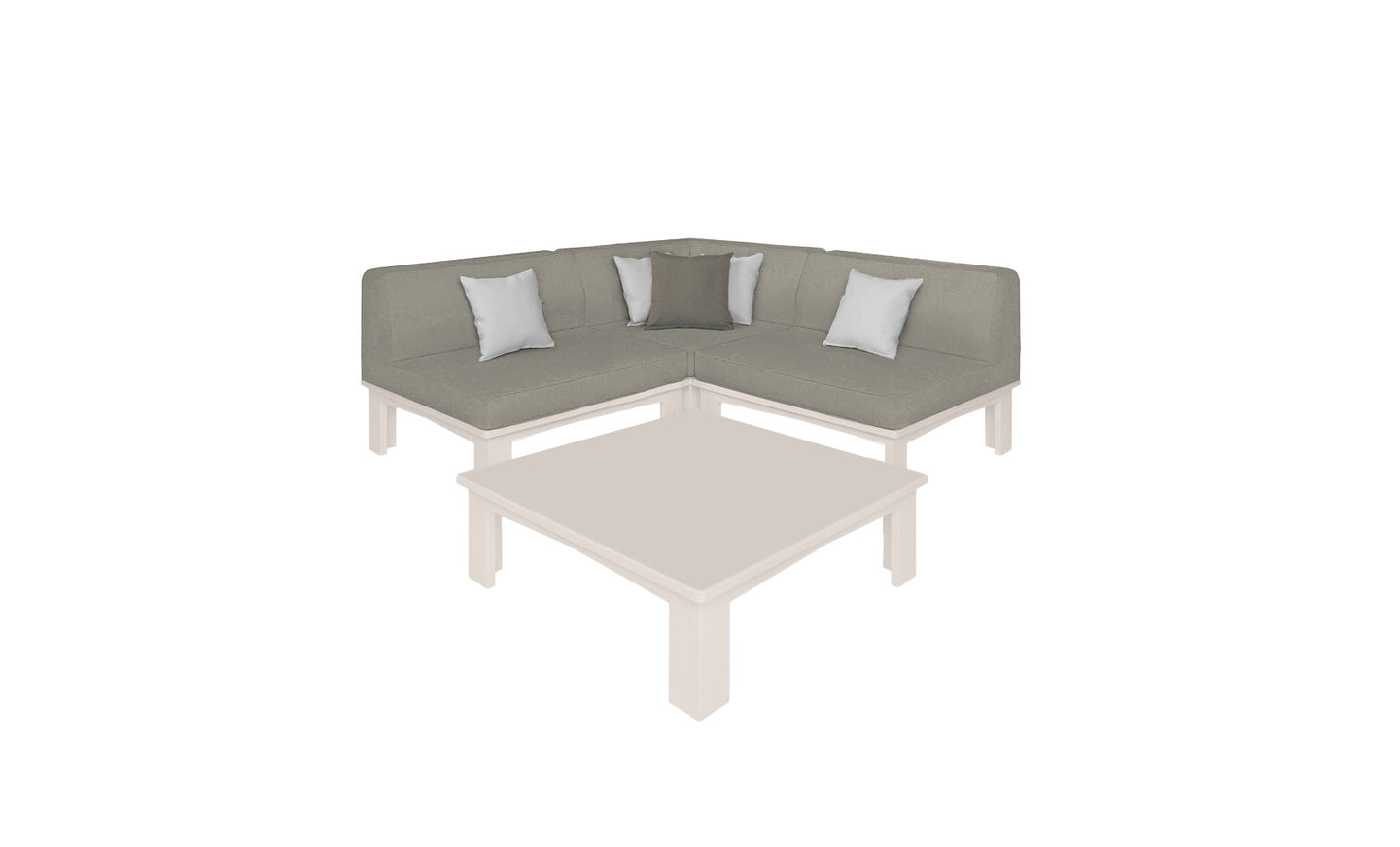The Mainstay Sectional 4 Piece Diamond from Ledge Lounger, featuring light gray cushions, forms a cozy corner around a matching square coffee table. Its modern design integrates seamlessly into a minimalist, light-colored setting, providing the perfect spot to relax and unwind.