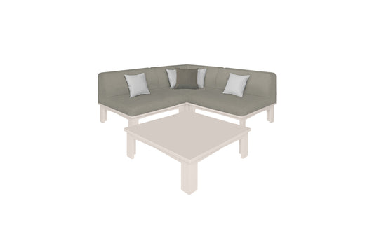The Mainstay Sectional 4 Piece Diamond from Ledge Lounger, featuring light gray cushions, forms a cozy corner around a matching square coffee table. Its modern design integrates seamlessly into a minimalist, light-colored setting, providing the perfect spot to relax and unwind.
