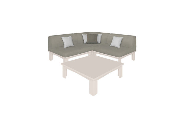 The Mainstay Sectional 4 Piece Diamond from Ledge Lounger, featuring light gray cushions, forms a cozy corner around a matching square coffee table. Its modern design integrates seamlessly into a minimalist, light-colored setting, providing the perfect spot to relax and unwind.