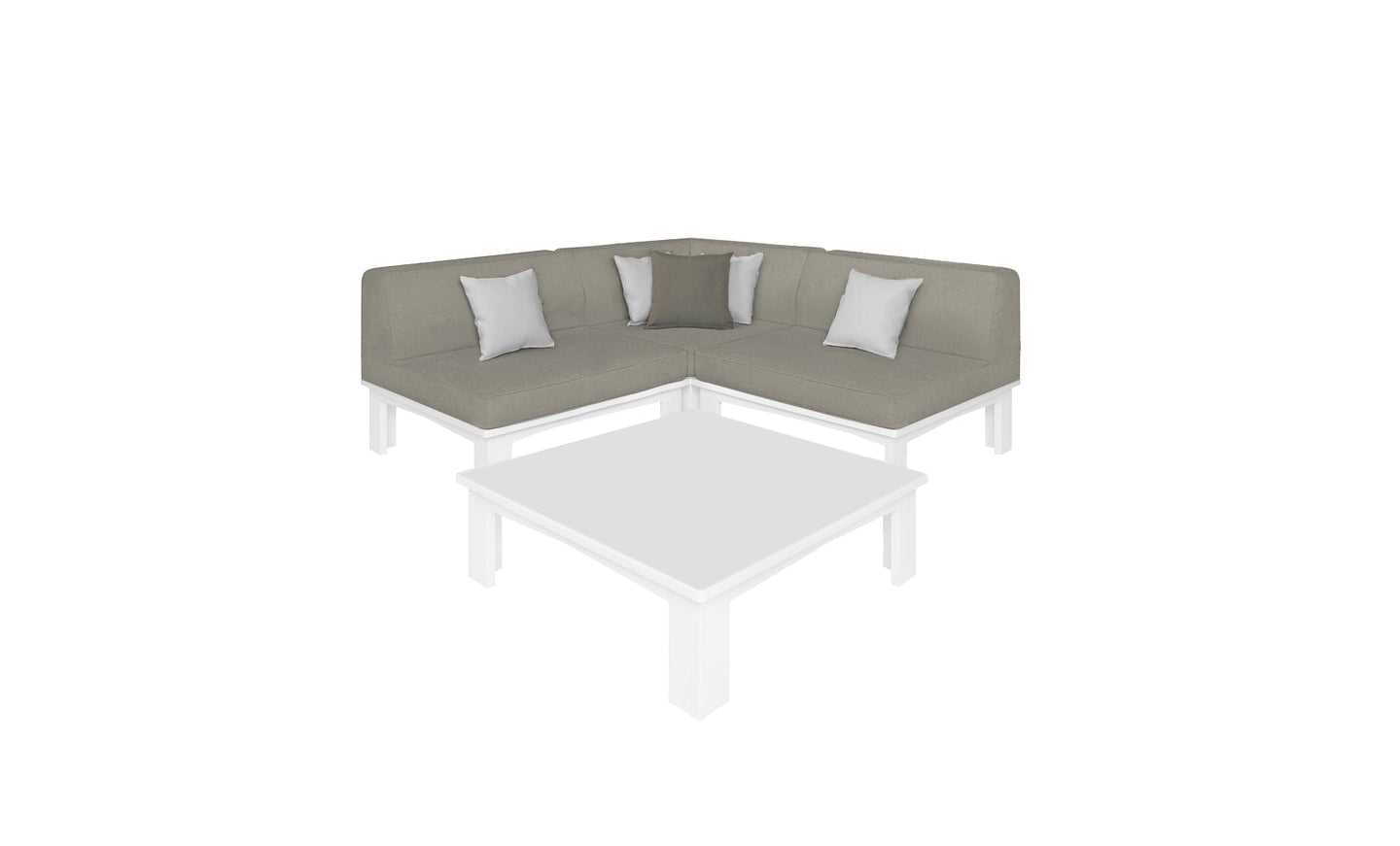 The Mainstay Sectional 4 Piece Diamond from Ledge Lounger forms a cozy corner with white and grey cushions, perfectly paired with a square white coffee table, all set against a plain white background.