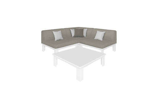 The Mainstay Sectional 4 Piece Diamond from Ledge Lounger forms a cozy corner with white and grey cushions, perfectly paired with a square white coffee table, all set against a plain white background.