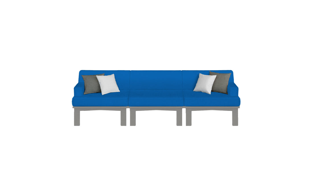 The Mainstay Sectional 3 Piece Sofa by Ledge Lounger is a modern blue three-seater with visible legs, featuring a minimalist design. It includes two white and two gray square cushions, ideal for enhancing your outdoor space against a crisp white backdrop.