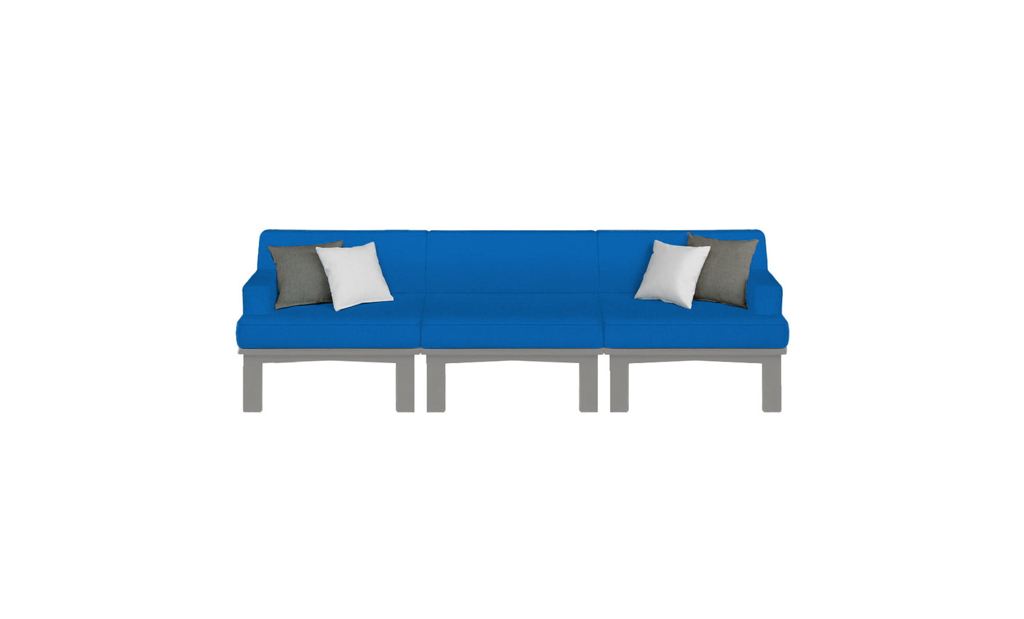 The Mainstay Sectional 3 Piece Sofa by Ledge Lounger is a modern blue three-seater with visible legs, featuring a minimalist design. It includes two white and two gray square cushions, ideal for enhancing your outdoor space against a crisp white backdrop.