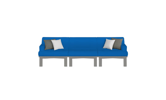 The Mainstay Sectional 3 Piece Sofa by Ledge Lounger is a modern blue three-seater with visible legs, featuring a minimalist design. It includes two white and two gray square cushions, ideal for enhancing your outdoor space against a crisp white backdrop.