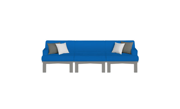 The Mainstay Sectional 3 Piece Sofa by Ledge Lounger is a modern blue three-seater with visible legs, featuring a minimalist design. It includes two white and two gray square cushions, ideal for enhancing your outdoor space against a crisp white backdrop.