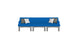 The Mainstay Sectional 3 Piece Sofa by Ledge Lounger is a modern blue three-seater with visible legs, featuring a minimalist design. It includes two white and two gray square cushions, ideal for enhancing your outdoor space against a crisp white backdrop.
