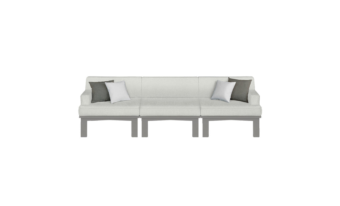 The Mainstay Sectional 3 Piece Sofa by Ledge Lounger is a sleek, light gray set with three seat sections and gray legs. Each end has two cushions, one white and one dark gray, making it perfect against a white outdoor backdrop for a modern look.