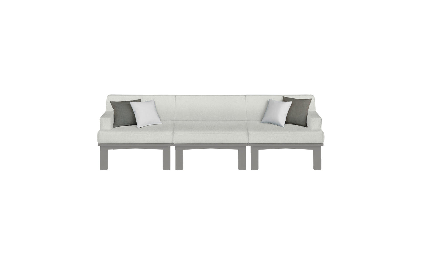 The Mainstay Sectional 3 Piece Sofa by Ledge Lounger is a sleek, light gray set with three seat sections and gray legs. Each end has two cushions, one white and one dark gray, making it perfect against a white outdoor backdrop for a modern look.