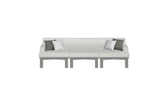 The Mainstay Sectional 3 Piece Sofa by Ledge Lounger is a sleek, light gray set with three seat sections and gray legs. Each end has two cushions, one white and one dark gray, making it perfect against a white outdoor backdrop for a modern look.