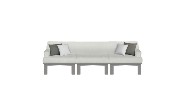 The Mainstay Sectional 3 Piece Sofa by Ledge Lounger is a sleek, light gray set with three seat sections and gray legs. Each end has two cushions, one white and one dark gray, making it perfect against a white outdoor backdrop for a modern look.