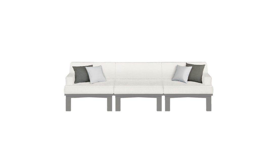 The Mainstay Sectional 3 Piece Sofa by Ledge Lounger is a modern, light gray set with three seats and short legs. It includes four pillows: two in darker gray and two in white, all against a plain white background for a minimalist, stylish look.