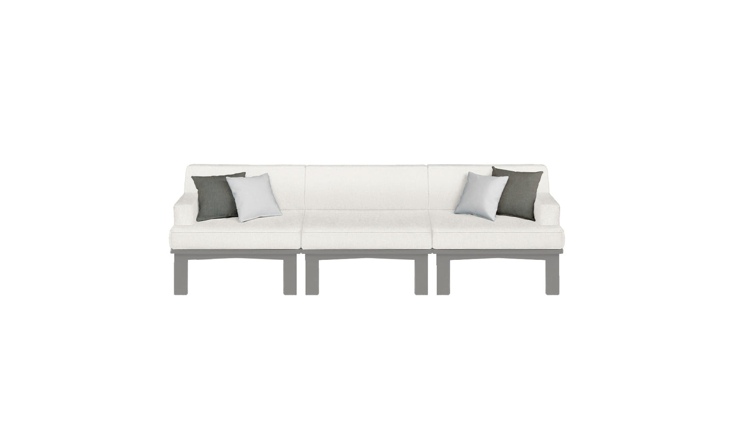 The Mainstay Sectional 3 Piece Sofa by Ledge Lounger is a modern, light gray set with three seats and short legs. It includes four pillows: two in darker gray and two in white, all against a plain white background for a minimalist, stylish look.
