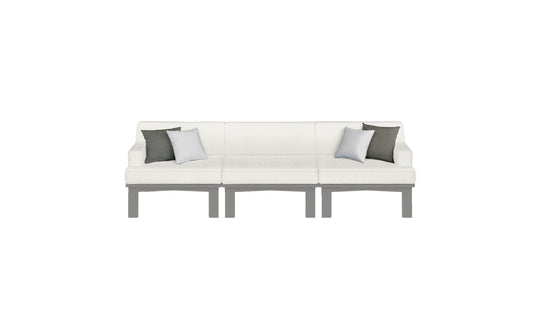 The Mainstay Sectional 3 Piece Sofa by Ledge Lounger is a modern, light gray set with three seats and short legs. It includes four pillows: two in darker gray and two in white, all against a plain white background for a minimalist, stylish look.