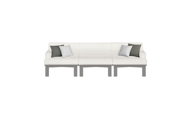 The Mainstay Sectional 3 Piece Sofa by Ledge Lounger is a modern, light gray set with three seats and short legs. It includes four pillows: two in darker gray and two in white, all against a plain white background for a minimalist, stylish look.