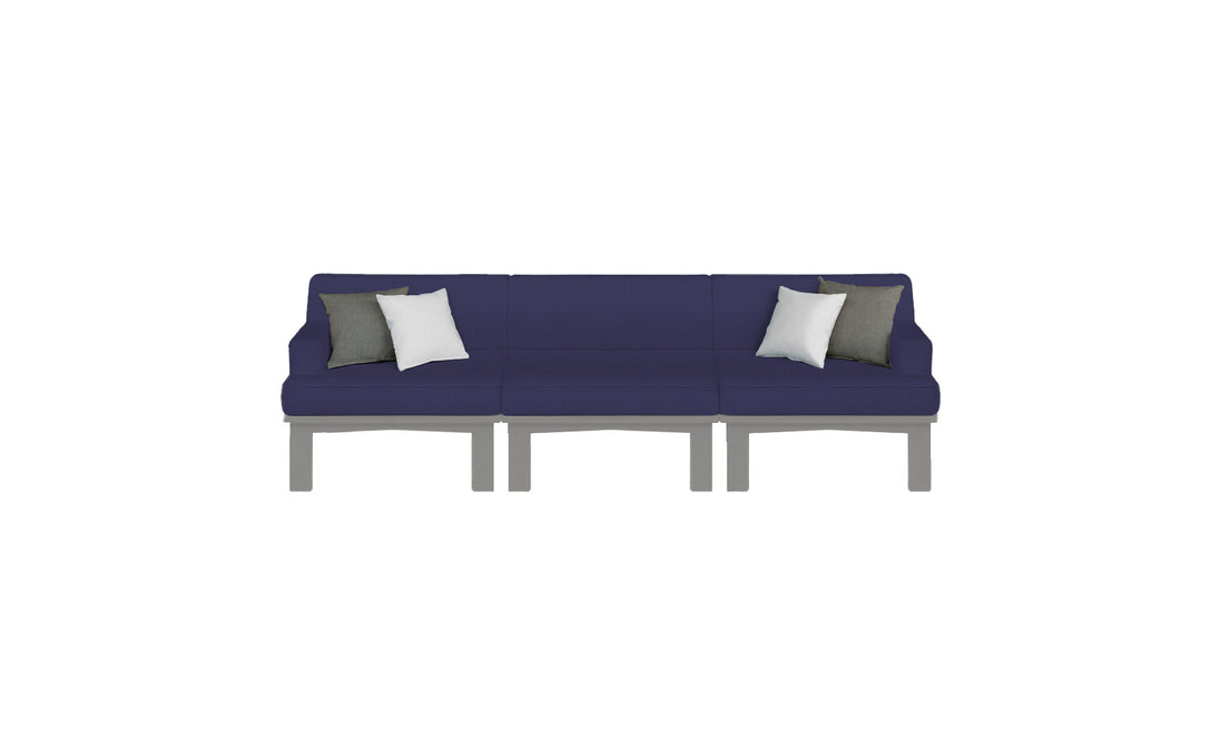 The Ledge Lounger Mainstay Sectional 3 Piece Sofa, a dark blue three-seater with gray legs and two white and gray throw pillows symmetrically arranged, enhances your outdoor space against a plain white backdrop.