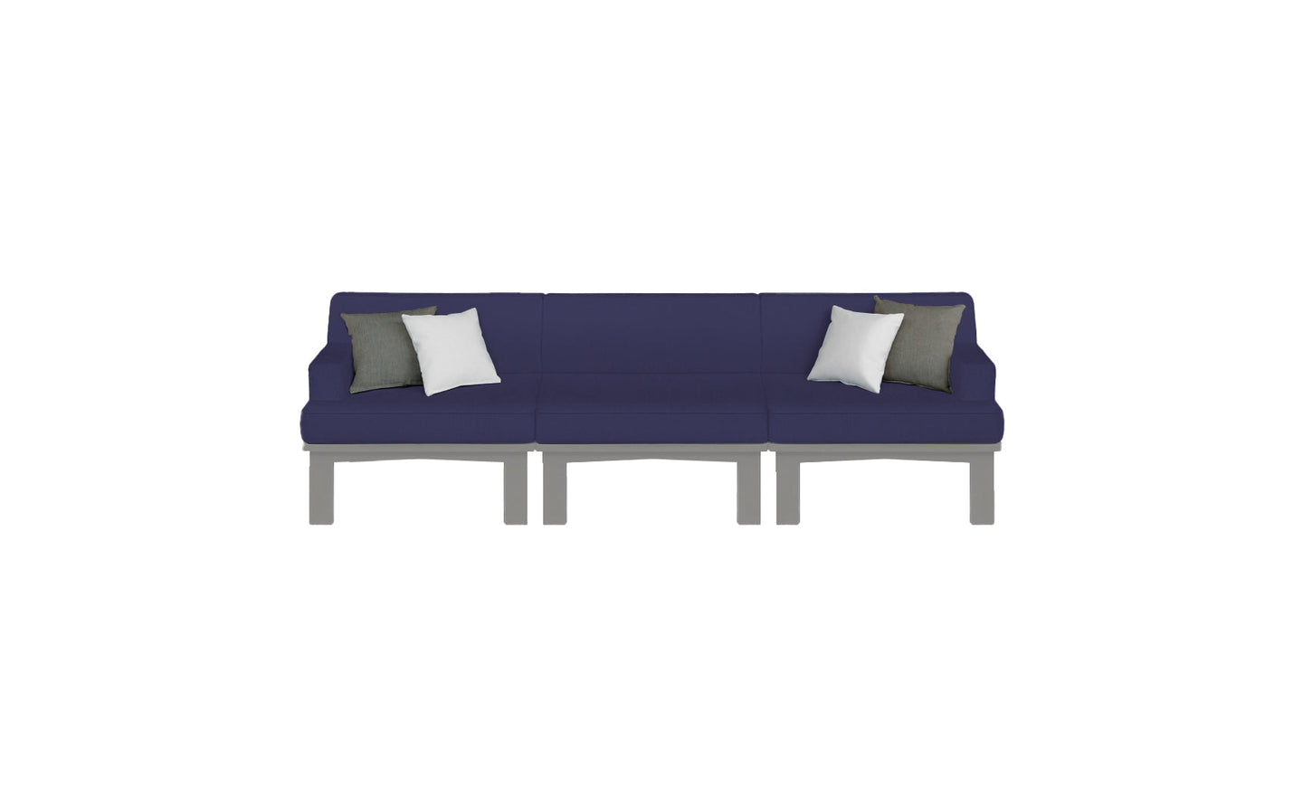 The Ledge Lounger Mainstay Sectional 3 Piece Sofa, a dark blue three-seater with gray legs and two white and gray throw pillows symmetrically arranged, enhances your outdoor space against a plain white backdrop.