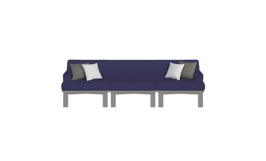 The Ledge Lounger Mainstay Sectional 3 Piece Sofa, a dark blue three-seater with gray legs and two white and gray throw pillows symmetrically arranged, enhances your outdoor space against a plain white backdrop.