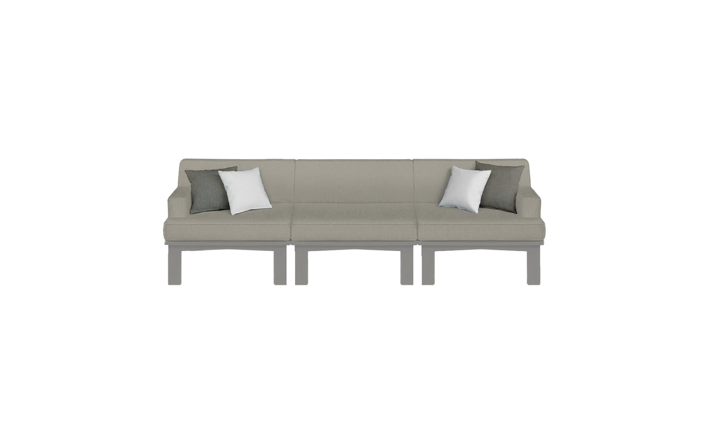 The Mainstay Sectional 3 Piece Sofa by Ledge Lounger is a minimalistic grey sectional with three sections, featuring two decorative pillows—one grey and one white—on each end, set against a plain white background.