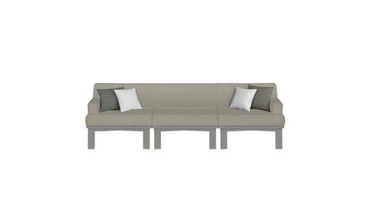 The Mainstay Sectional 3 Piece Sofa by Ledge Lounger is a minimalistic grey sectional with three sections, featuring two decorative pillows—one grey and one white—on each end, set against a plain white background.