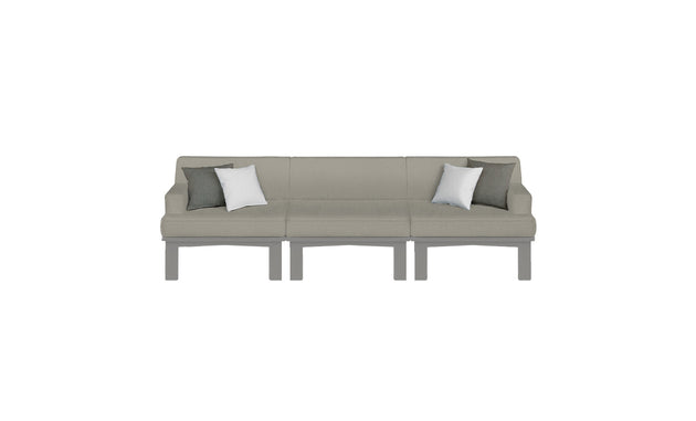 The Mainstay Sectional 3 Piece Sofa by Ledge Lounger is a minimalistic grey sectional with three sections, featuring two decorative pillows—one grey and one white—on each end, set against a plain white background.