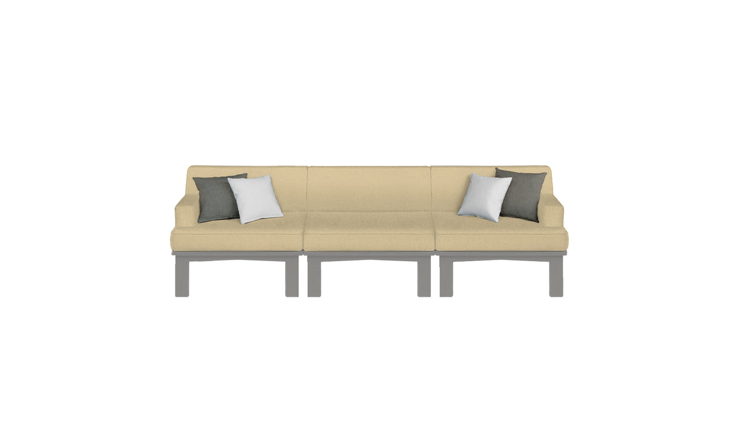 The Ledge Lounger Mainstay Sectional 3 Piece Sofa, with beige fabric and grey legs, features three grey and two white square cushions. Its design is highlighted against a white background, making it a perfect addition to any outdoor space, enhancing your patios ambiance.