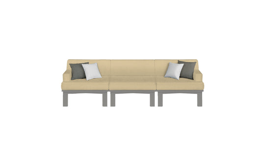The Ledge Lounger Mainstay Sectional 3 Piece Sofa, with beige fabric and grey legs, features three grey and two white square cushions. Its design is highlighted against a white background, making it a perfect addition to any outdoor space, enhancing your patios ambiance.