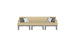 The Ledge Lounger Mainstay Sectional 3 Piece Sofa, with beige fabric and grey legs, features three grey and two white square cushions. Its design is highlighted against a white background, making it a perfect addition to any outdoor space, enhancing your patios ambiance.