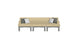 The Ledge Lounger Mainstay Sectional 3 Piece Sofa, with beige fabric and grey legs, features three grey and two white square cushions. Its design is highlighted against a white background, making it a perfect addition to any outdoor space, enhancing your patios ambiance.